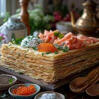 fried pancakes with red caviar photo