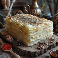 fried pancakes with red caviar photo