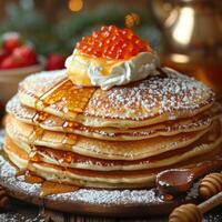 fried pancakes with red caviar photo