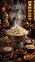 A steaming bowl of freshly made popcorn with smoke wafting from it photo