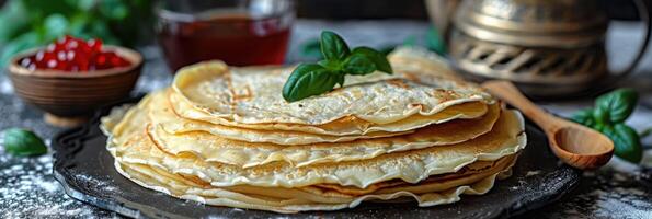 fried pancakes with red caviar photo