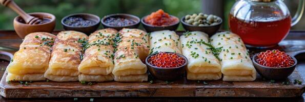 fried pancakes with red caviar photo
