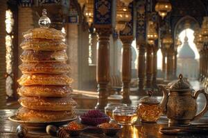 A tall stack of delicious pancakes rests on a table beside a teapot photo