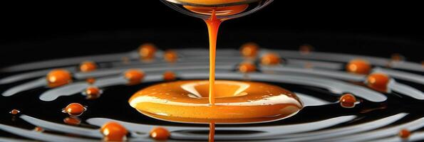 A CloseUp of Dripping Golden Honey on a Dark Black Background, Highlighting Its Beauty and Elegance photo