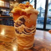 A beautifully designed cup with an elegant wave pattern on wood photo