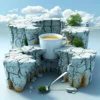 A surreal landscape with a coffee cup in cracked terrain, evoking wonder and creativity photo