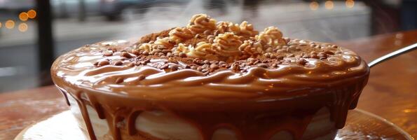 Enjoy a Delicious Chocolate Dessert with delightful Caramel Topping and Crunchy elements photo