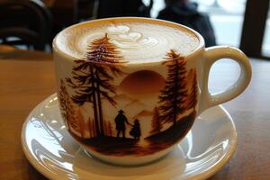 A stunning coffee cup featuring a captivating forest landscape design that enhances your drink photo
