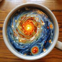 Cosmic Coffee A Captivating Galaxy Nested Within a Warm and Inviting Cup of Brewed Magic photo