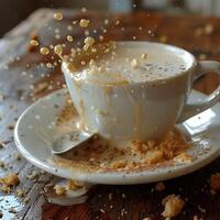 un hermosamente salpicado taza de café sentado en un de madera mesa adornado con migas foto