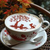 An Artistic Coffee Cup Featuring Exquisite Latte Art Surrounded by Colorful Autumn Leaves photo