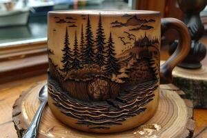 Beautifully Artistic Wooden Mug Featuring Exquisite Nature Carving for Your Beverages photo