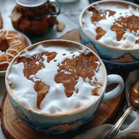 Two cappuccino cups decorated with a world map design on top photo