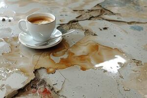 A warm cup of coffee beautifully placed on a saucer with a spoon photo