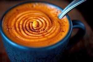 Beautifully Crafted Elegant Coffee Art featuring Swirls in a Stylish Black Ceramic Mug photo