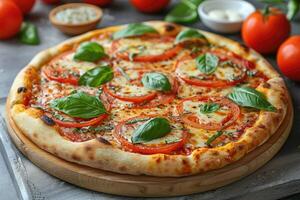 Enjoy a delicious and classic Margherita Pizza that is freshly baked to perfection and delightful photo