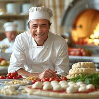 A smiling chef stands proudly before a table full of food photo