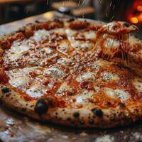Enjoy a delicious and classic Margherita Pizza that is freshly baked to perfection and delightful photo