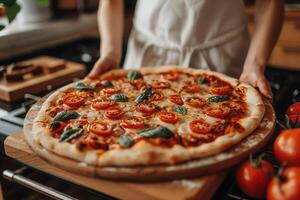 Enjoy a delicious and classic Margherita Pizza that is freshly baked to perfection and delightful photo