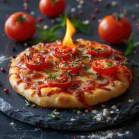 Enjoy a delicious and classic Margherita Pizza that is freshly baked to perfection and delightful photo