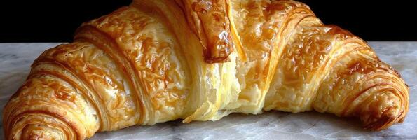 A baked Croissant on a Wooden Board, served with Butter and Fresh Fruit for breakfast photo