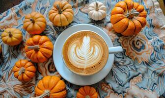 A cappuccino with a side of pumpkin slices photo