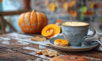 A cappuccino with a side of pumpkin slices photo