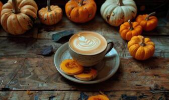 A cappuccino with a side of pumpkin slices photo