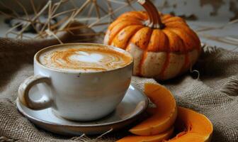 A cappuccino with a side of pumpkin slices photo