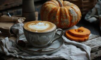 A cappuccino with a side of pumpkin slices photo