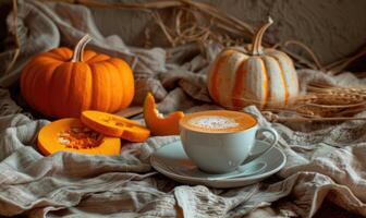 A cappuccino with a side of pumpkin slices photo