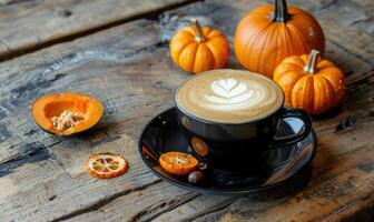 A cappuccino with pumpkin slices and small pumpkins photo