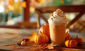A cappuccino with pumpkin slices and small pumpkins photo