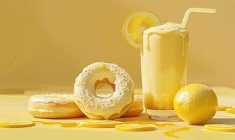 An image of lemon-glazed donuts on a light yellow background photo