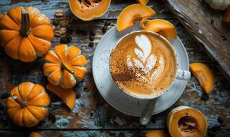 A cappuccino with a side of pumpkin slices photo