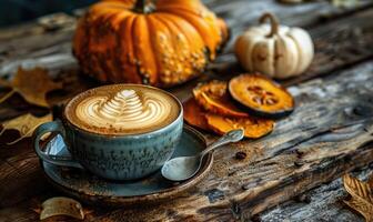 A cappuccino with a side of pumpkin slices photo