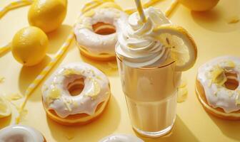 An image of lemon-glazed donuts on a light yellow background photo