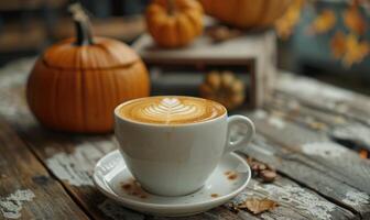 A latte art coffee with a pumpkin in the background photo