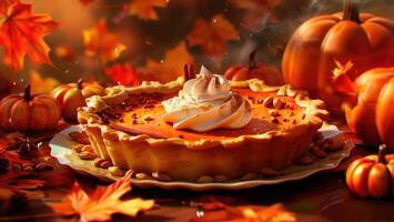 A pumpkin pie with a golden crust topped with a dollop of whipped cream and a sprinkle of cinnamon photo
