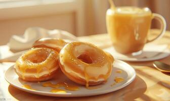 An image of honey-glazed donuts on a light gold background photo