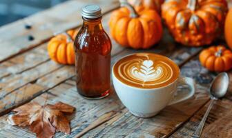 A latte art coffee with a pumpkin spice syrup bottle on a rustic table photo