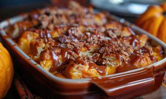 A pumpkin bread pudding with a caramel drizzle served in a baking dish photo