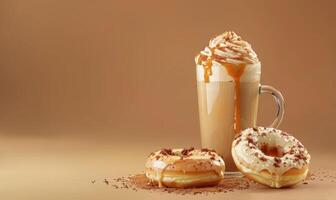 An image of donuts with coffee milkshake on a light brown background photo
