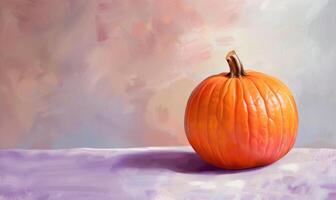 A large pumpkin on a pastel pink background photo