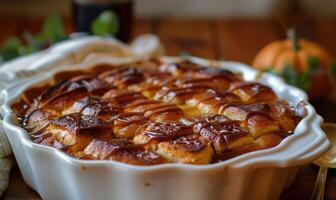 A pumpkin bread pudding with a caramel drizzle served in a baking dish photo