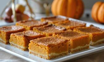 A pumpkin pie bars with a shortbread crust cut into squares and arranged on a platter photo