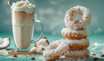 An image of coconut cream donuts on a pastel turquoise background photo
