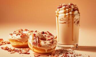 An image of maple bacon donuts on a light peach background photo