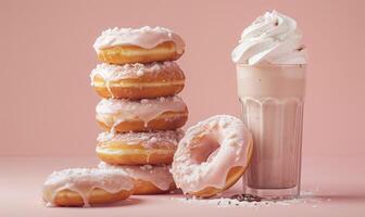 A stack of glazed donuts on a pastel pink background and a glass of iced coffee milkshake photo