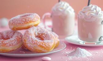 An image of powdered sugar donuts on a light lavender background photo